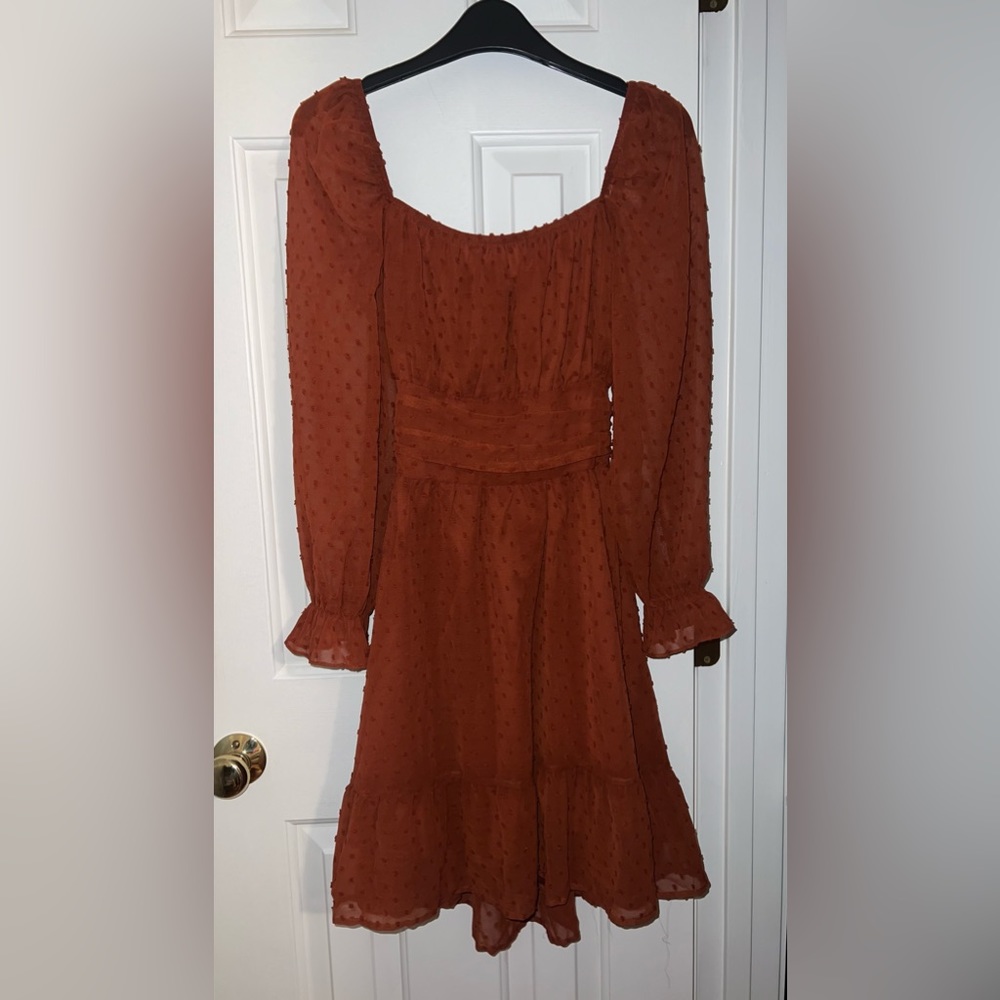 Exlura tie-back ruffle mini dress in caramel, square neck or off the shoulder.